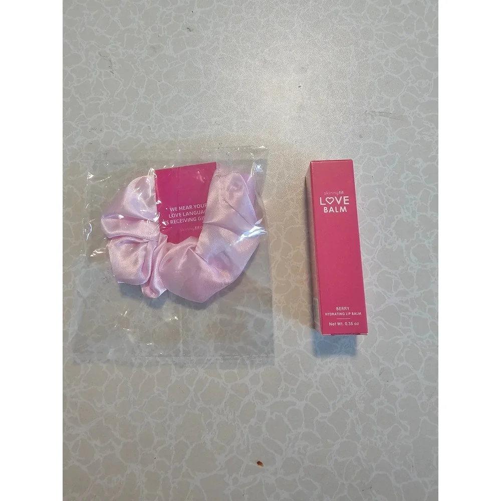 SkinnyFit Love Balm Berry Hydrating Lip Balm 0.35oz and Pink Satin Scrunchie Set